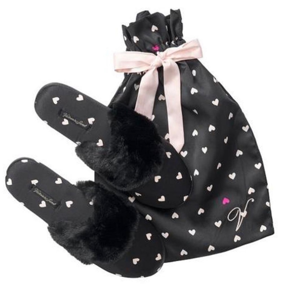 NEW VS FUZZY FUR LINED POLKA DOT HEART - SLIPPERS & BAG - MEDIUM 7 - 7.5 - 8